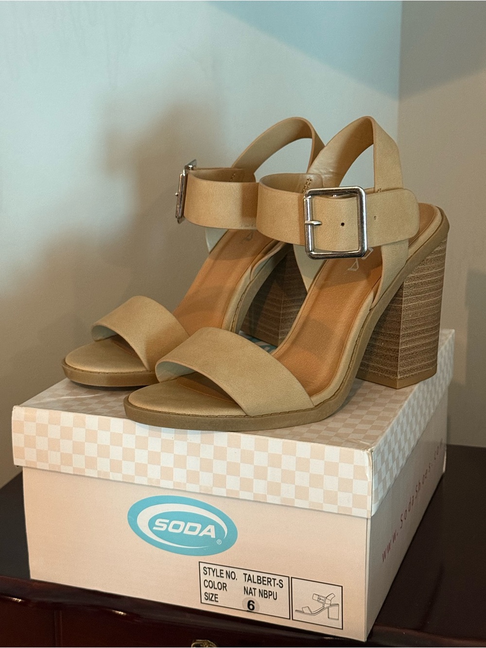Soda Natural Tan Block Heel Sandal with Buckle